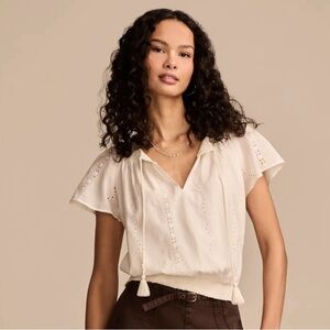 Lucky Brand XL Tofu Cream Front Tassel Tie Flutter Short Sleeve Boho Eyelet Top